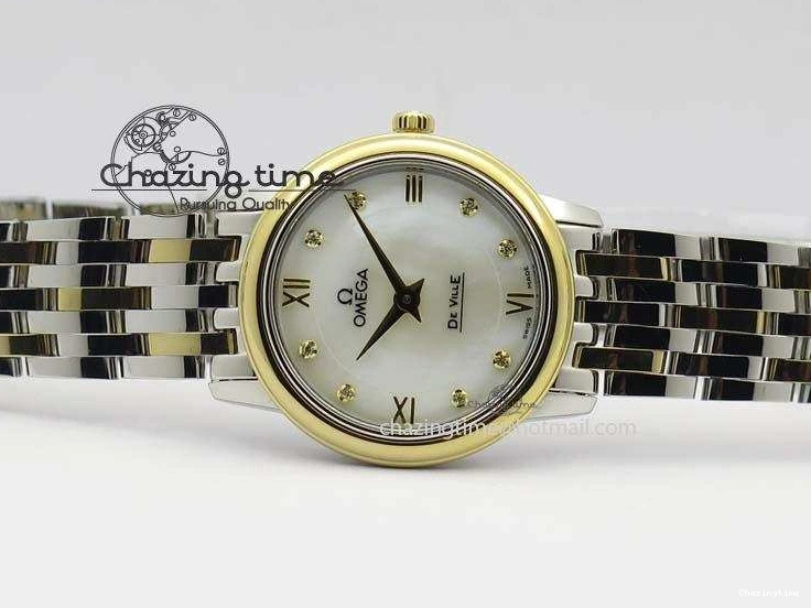 0315 OnTrend De Ville 27mm SS YG Ladies MK 1:1 Best Edition White MOP Dial Diamond Markers On SS Bracelet Ronda Quartz 8187